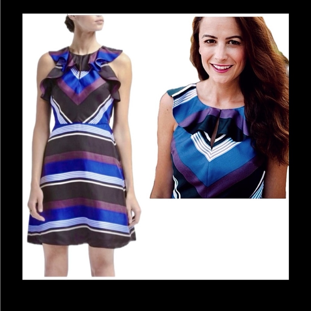 Banana Republic Silk Dress Ruffle Collar Blue Black and White Striped